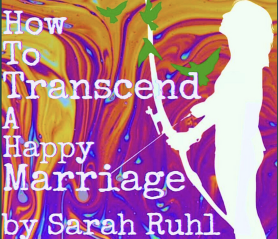 Poster for Redtwist Production of How to Transcend a Happy Marriage by Sarah Ruhl, directed by Elizabeth Swanson. On a swirly rainbow background, the silhouette of a woman with a bow and arrow looking at a flock of swallows.